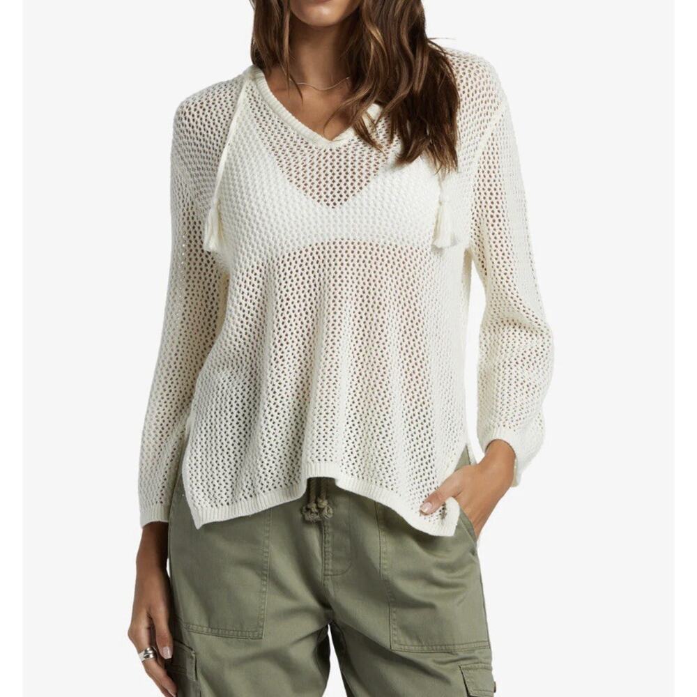 Roxy Sweater Womens Med Ivory After Beach Break Open Knit V-Neck Tassels Boho
